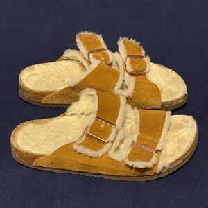 Birkenstock Arizona Shearling Sandals Women's 41 265 L10 M8 Suede Tan Brown